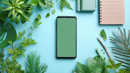A smartphone with a green screen surrounded by plants and office supplies on a blue background