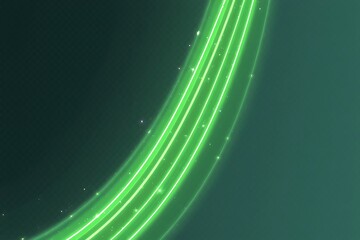 Abstract green glowing light trails forming curved motion line, futuristic energy wave and digital technology background
