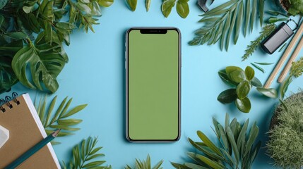 A smartphone with a green screen surrounded by plants and office supplies on a blue background