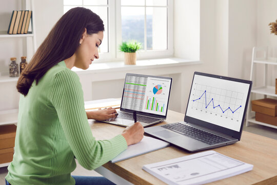 Analyst woman reviews charts and graphs on laptops. She reviews metrics at a bright office desk, notes trends in a notebook, and interprets performance. Clear concept of data analytics.