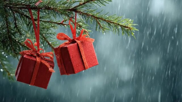 A serene outdoor scene showcases two small, vibrant red gift boxes adorned with sparkling ribbons, gently swaying from the dew-kissed branches of an evergreen pine tree. Water droplets cling to the ri