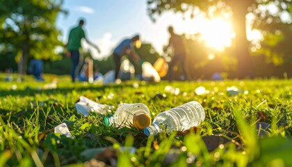 Community volunteers diligently clean up plastic pollution from a lush green park at sunset, symbolizing environmental responsibility and collective efforts for a cleaner planet