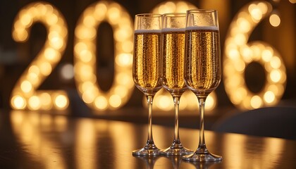 Champagne glasses celebrating New Year's Eve in 2016 with sparkling light