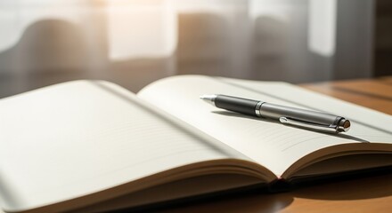 Open Notebook with Pen on Desk in Bright Sunlight