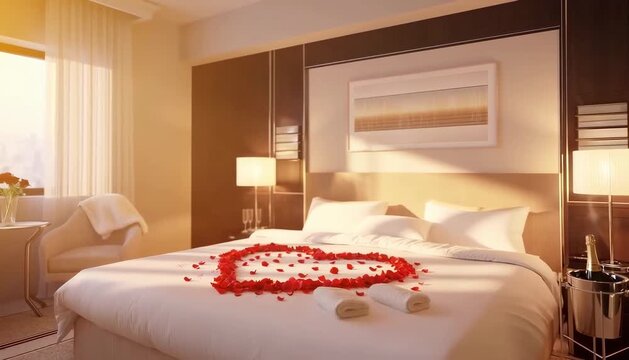 Romantic hotel room bed decorated with red rose petals arranged in the shape of a heart. Perfect for Valentine's Day or honeymoon themes