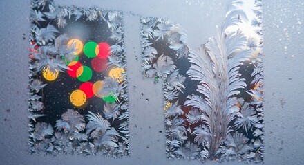 Frosty Winter Window with Festive Bokeh Lights Background