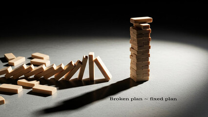 Broken plan | fixed plan Wooden blocks tower and fallen blocks on textured surface with text