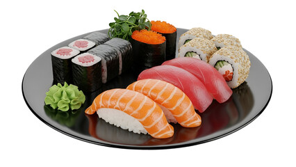Vibrant Japanese Sushi Platter with Fresh Salmon Nigiri, Tuna Maki Rolls, Uramaki, Wasabi, and Garnish on a black plate, isolated on transparent background