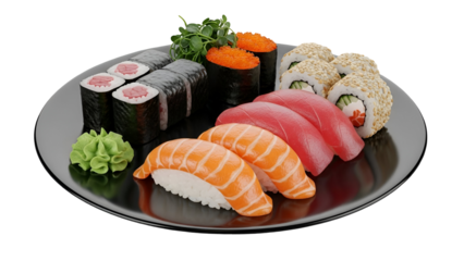 Vibrant Japanese Sushi Platter with Fresh Salmon Nigiri, Tuna Maki Rolls, Uramaki, Wasabi, and Garnish on a black plate, isolated on transparent background