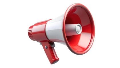 Red and white megaphone with handle angled to the left on a plain white surface for ready for compositing on white and transparent background