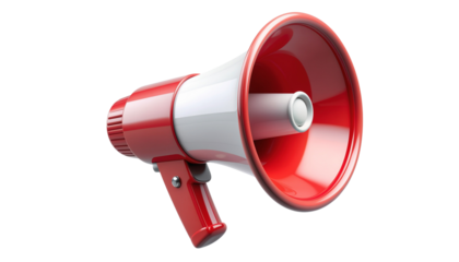 Red and white megaphone with handle angled to the left on a plain white surface for ready for compositing on white and transparent background