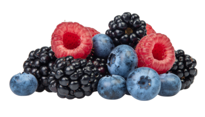 A pile of fresh raspberries, blackberries, and blueberries are arranged together on a white surface alpha channel with white background