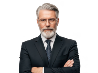 Distinguished older businessman with gray hair and beard, wearing glasses and a suit, looking directly at the camera with arms crossed. isolated on transparent background