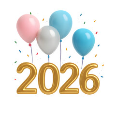 Celebrating the arrival of the new year 2026 with colorful balloons and confetti