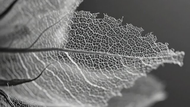 Close-up of a delicate, intricate skeleton leaf in monochrome, revealing nature's detailed and fragile organic patterns. A beautiful abstract texture.