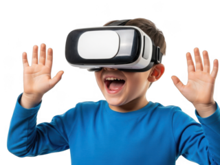 Excited young boy wearing VR goggles and a blue shirt, hands raised in amazement and joy. isolated on transparent background