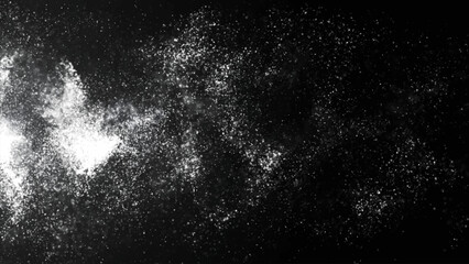 The monochrome animation opens a window into the infinity of space, where the tiniest particles form nebulae and star clusters. The contrast of light and dark creates a sense of depth and infinity.