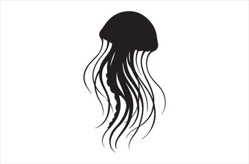 Simple black silhouette of a jellyfish with flowing tentacles displayed on white © SerrNoreshChandra