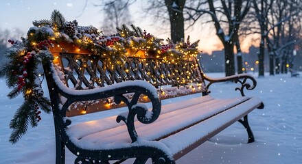 Winter Park Bench with Christmas Garland and Falling Snow