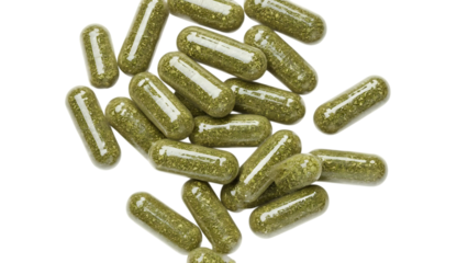 Green herbal supplement capsules on white background
