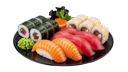 Vibrant Japanese Sushi Platter with Fresh Salmon Nigiri, Tuna Maki Rolls, Uramaki, Wasabi, and Garnish on a black plate, isolated on transparent background