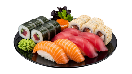 Vibrant Japanese Sushi Platter with Fresh Salmon Nigiri, Tuna Maki Rolls, Uramaki, Wasabi, and Garnish on a black plate, isolated on transparent background