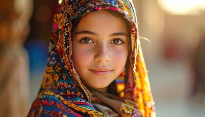 Girl in colorful headscarf.