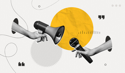 Trendy Halftone Collage Hands holding Megaphone and microphone for media interview and news. Journalist and reporter. Broadcast recording. Streaming service. Contemporary vector illustration art