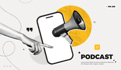 Plakat Trendy Halftone Collage Phone with Megaphone and Hand. Social media interview and news. Online podcast broadcasting. Streaming service. Contemporary vector illustration art