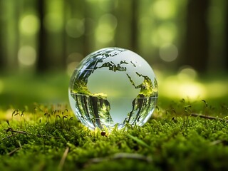 Crystal clear glass globe showing the world map resting on green moss in a forest representing the fragility of the environment
