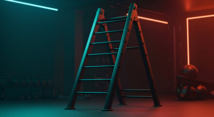 Modern black metal agility ladder in a brightly lit gym. Stylish, freestanding fitness equipment in a modern workout space.