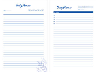 Blue lined daily planner pages with date and task sections