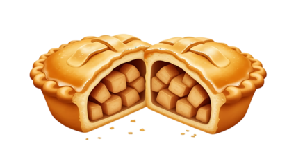 Cross-section of a golden pastry pie with cubed filling and glossy lattice top