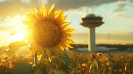 Airport surveillance radar dish transformed into a giant sunflower facing the spring sun