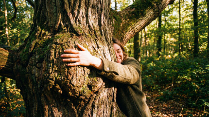 A smiling young man enjoys a beautiful summer day outdoors in the green park surrounded by autumn trees and nature