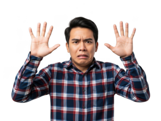 Man in Plaid Shirt Making Fearful Gesture, Holding Hands Up in Panic isolated on transparent background