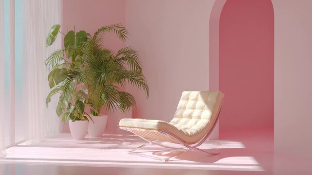Levitation Chair in Pastel Pink Room with Tropical Plant, A pastel pink room features a levitation chair and a lush tropical plant