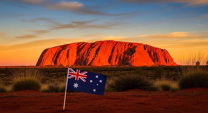 Australian flag waving in front Uluru.