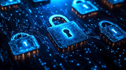 Blue locks glow on the futuristic microchip, symbolising data protection in the digital age, which emphasises the importance of cybersecurity 