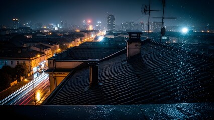 Atmospheric night cityscape viewed from a rooftop during rain, featuring glowing street lights and motion light trails in a modern urban environment.
