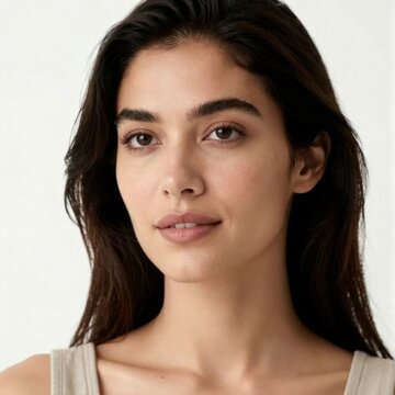 mujer hispana con expresi&oacute;n neutra mirando hacia un lado, aislada sobre un fondo blanco