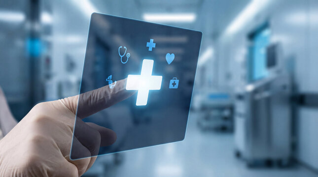 A professional business person's hand pushes a digital button on a blue touch screen interface featuring medical healthcare icons and emergency first aid technology symbols for hospital equipment - Powered by Adobe