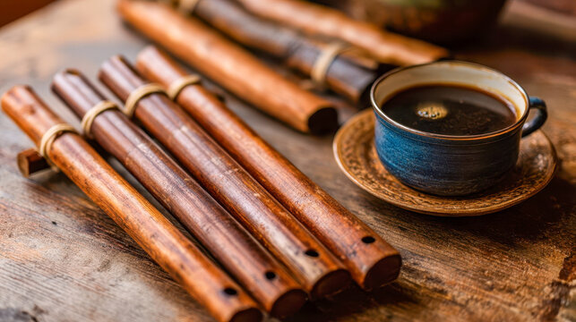 A traditional Andean flute with a cup of black coffee on a rustic wooden table, folk music culture, and the cozy atmosphere of artisanal craftsmanship