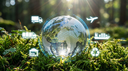 A glass earth globe rests on lush green grass representing a global environment and nature concept featuring a blue map of world continents from Europe to America