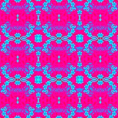 Vibrant ornamental abstract seamless pattern featuring bold pink and blue colors with symmetrical decorative and geometric elements. Ideal for textile design, fabric printing, wallpaper patterns 