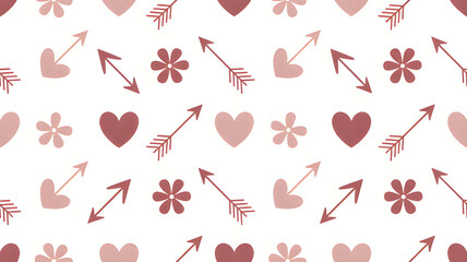 Seamless Valentine Pattern with Pink Hearts, Arrows, Flowers and Geometric Elements