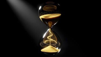 A glowing golden hourglass floating in darkness, filled with sparkling particles that symbolize time, eternity, and luxury in a dramatic cinematic composition.
