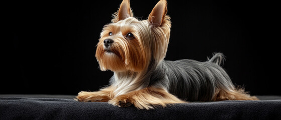 A small dog with long fur and an attentive gaze poses against a dark background, ideal for advertising pet products or as an atmospheric backdrop for themed blogs.