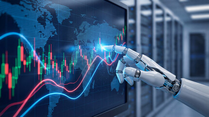 A financial growth chart on a computer monitor displays a successful stock market graph and a medical heartbeat diagram illustrating the rising data of a technology investment