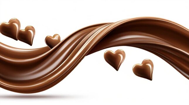 Valentine's Day, Wedding. Confectionery. Liquid milk chocolate wave with chocolate hearts on a white background.